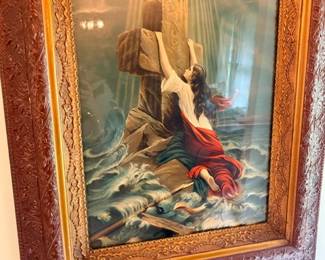 Framed 'Rock of Ages' religious print in carved gilt frame