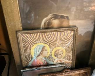 Framed religious icon art in wood case