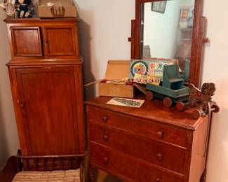 Antique wood dresser with mirror & tall cabinet