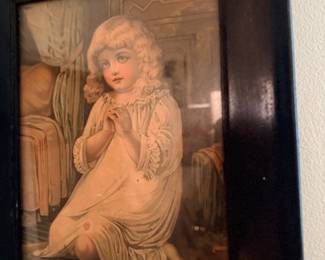 Framed antique praying girl print in wood frame