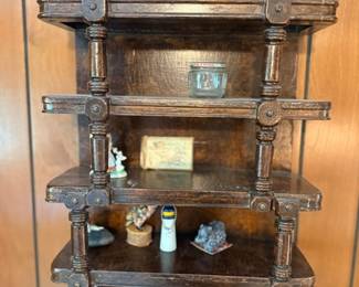 Wooden wall shelf with figurines & collectibles
