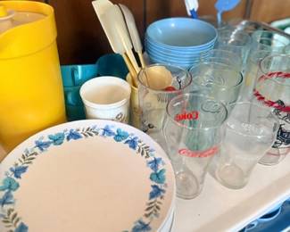 Vintage melamine dishes and kitchen tumblers lot
