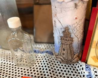 Vintage lighthouse ceramic vase & glass bottle