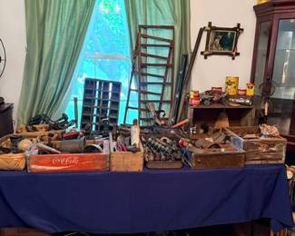 Vintage tools, Coca-Cola crate & printer's type tray drawers