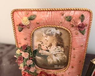 Ornate pink floral porcelain picture frame