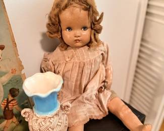 Antique composition doll & vintage ceramic vase