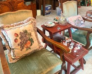 Wingback armchair with needlepoint pillow