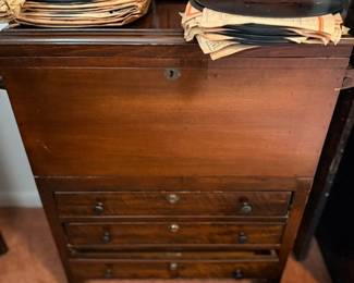 Antique drop-front secretary desk & vintage 78 records