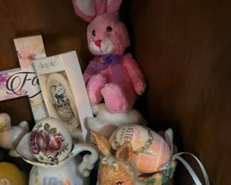 Easter bunny plush and porcelain rabbit figurines
