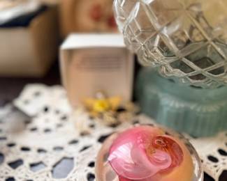 Pink art glass paperweight & cut glass lamp