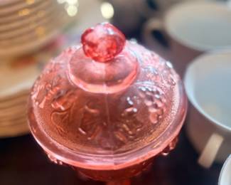 Pink depression glass covered candy dish