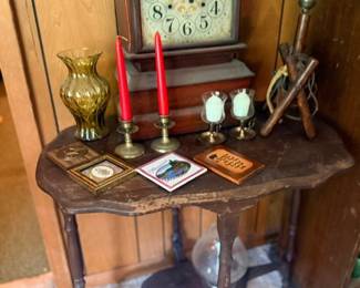 Antique mantle clock and wood side table