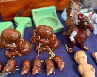 Vintage ceramic figurines & green pottery ashtray