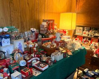 Table of assorted Christmas holiday decorations