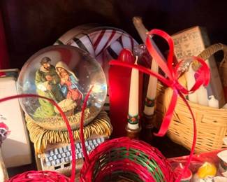 Nativity snow globe and woven decorative baskets