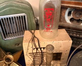 Vintage glass milk bottle, Art Deco radio & typewriter