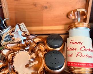 Vintage Mirro copper cookie cutters, shakers & cookie tin
