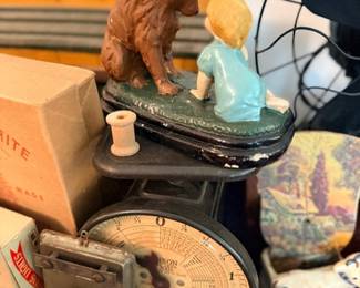 Vintage girl-and-dog figurine, kitchen scale & alarm clock