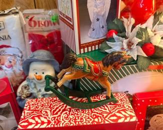 Boxed angel figurine and rocking horse decor