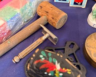 Vintage safety razor, wooden mallet & Alka-Seltzer tins