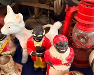Vintage ceramic figurines, red kerosene lantern & brass bowl