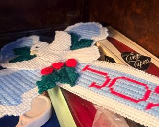 Needlepoint JOY decor and handcrafted taper candles