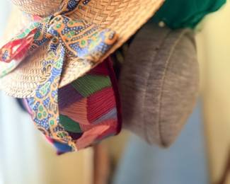 Vintage straw sun hats with scarves