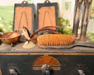 Antique tube radio, copper bowl & vintage brush