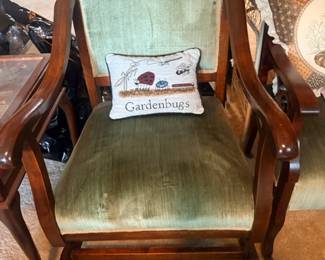 Antique wood rocking chair green upholstery