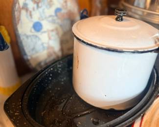 Enamelware canister and speckled roasting pan