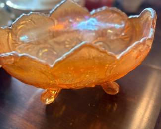 Vintage marigold carnival glass footed bowl