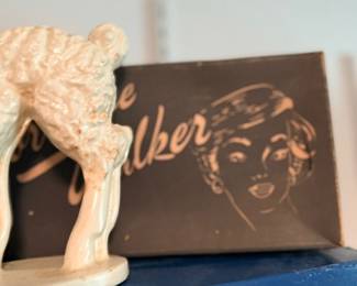 Vintage etched advertising glass sign & ceramic figurine