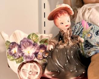 Vintage ceramic girl figural planter with pansies