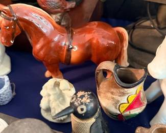 Ceramic horse & cardinal figurines with painted pottery pitcher