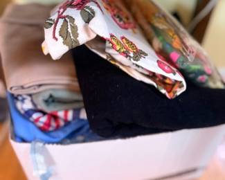 Box of vintage scarves & folded linens