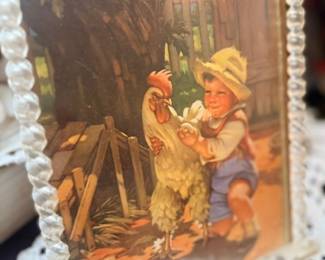 Framed boy with rooster farm print
