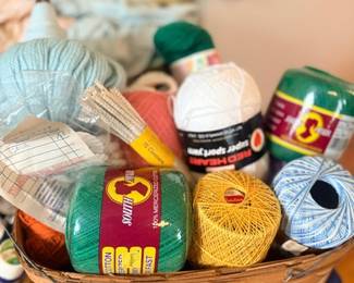 Basket of vintage crochet thread & yarn