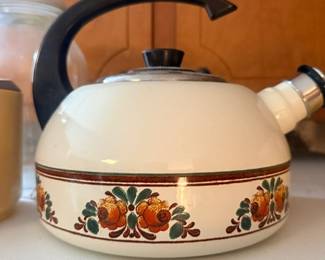 Enamelware whistling teapot with fruit design