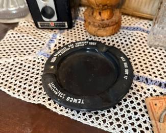 Vintage advertising ashtray, Brownie camera & wood mortar
