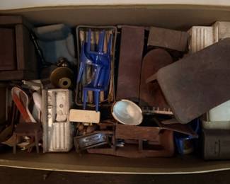 Box of vintage tools, hardware & flatware