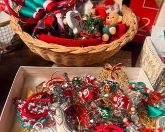 Basket and box of Christmas ribbon ornaments