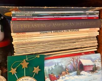 Vintage magazines and Christmas scene decor