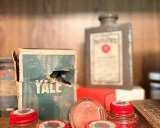 Vintage jars with red lids, advertising box & apothecary bottle