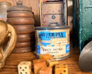 Vintage tin bank, Super Ply enamel can, wooden dice & string holder