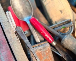 Assorted vintage hand tools & silver serving spoon