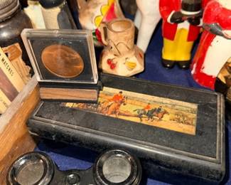 Antique opera glasses, lacquered box & vintage figurines