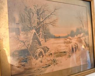 Framed vintage winter mill scene print, gilt frame