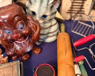 Vintage ceramic dog & cat figurines with wooden rolling pin