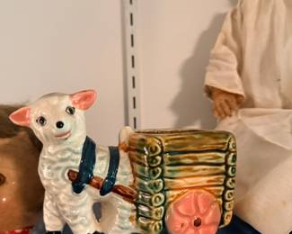 Vintage ceramic lamb pulling cart planter
