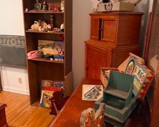 Antique cabinet, bookcase & vintage metal doll stroller